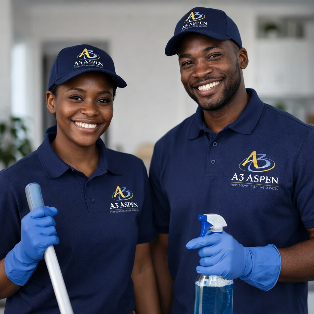 professional cleaning team in bright interior